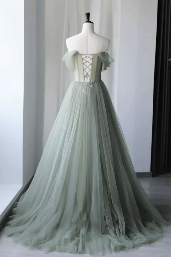 Princess Off the Shoulder Embroidering Tulle Sage Ball Gown - Curvevia