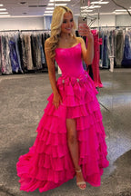 Fuchsia Strapless A Line Chiffon Tiered Wedding Guest Dress With Bowknot - Curvevia