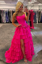 Fuchsia Strapless A Line Chiffon Tiered Wedding Guest Dress With Bowknot - Curvevia