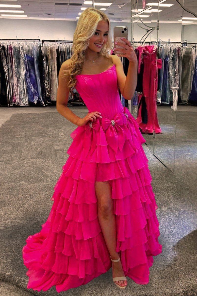 Fuchsia Strapless A Line Chiffon Tiered Wedding Guest Dress With Bowknot - Curvevia