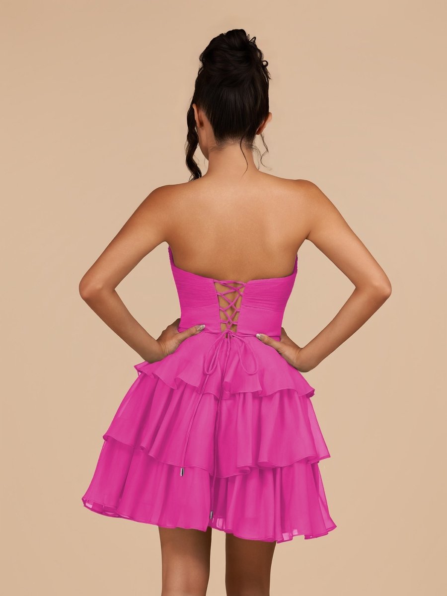Fuchsia Strapless A Line Chiffon Ruffles Wedding Guest Dress With Flower - Curvevia