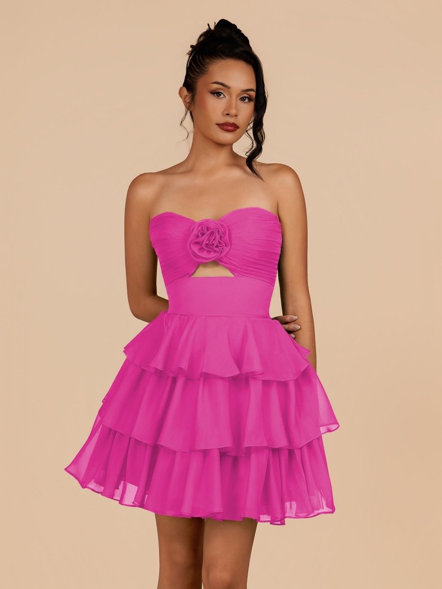 Fuchsia Strapless A Line Chiffon Ruffles Wedding Guest Dress With Flower - Curvevia