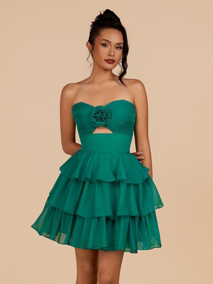 Fuchsia Strapless A Line Chiffon Ruffles Wedding Guest Dress With Flower - Curvevia