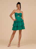 Fuchsia Strapless A Line Chiffon Ruffles Wedding Guest Dress With Flower - Curvevia
