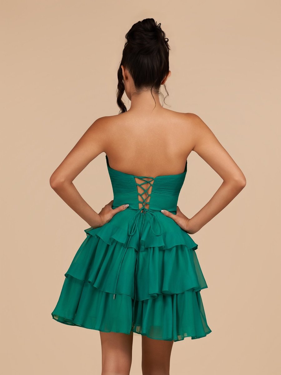 Fuchsia Strapless A Line Chiffon Ruffles Wedding Guest Dress With Flower - Curvevia