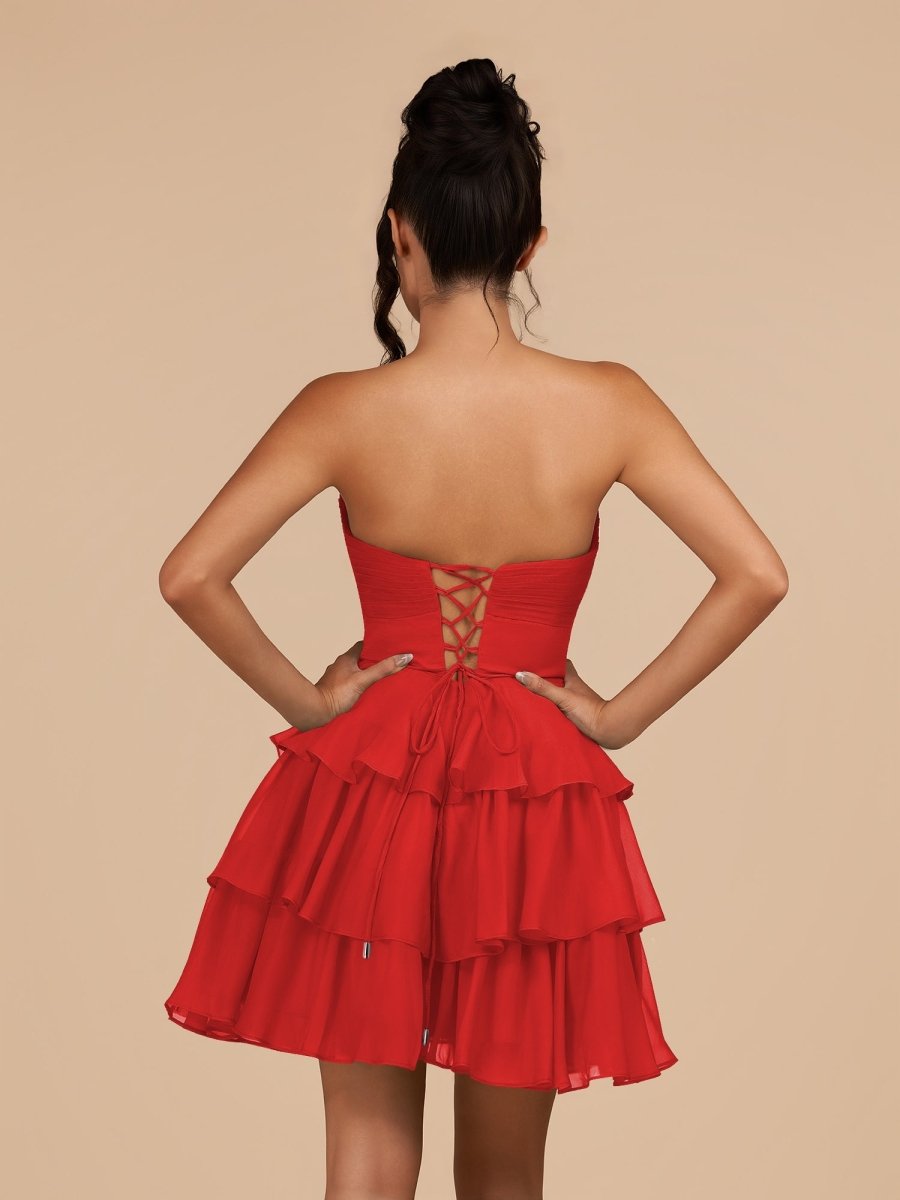 Fuchsia Strapless A Line Chiffon Ruffles Wedding Guest Dress With Flower - Curvevia