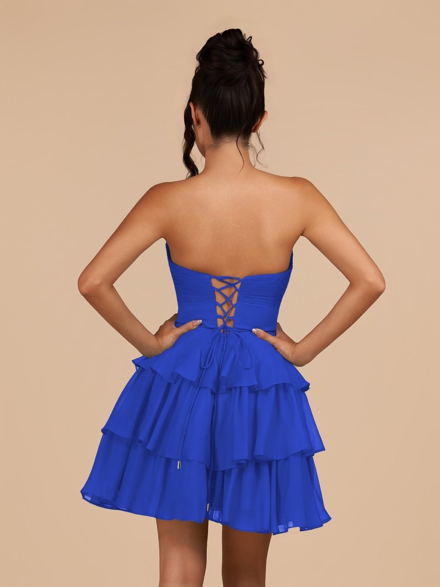 Fuchsia Strapless A Line Chiffon Ruffles Wedding Guest Dress With Flower - Curvevia