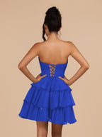 Fuchsia Strapless A Line Chiffon Ruffles Wedding Guest Dress With Flower - Curvevia
