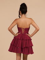 Fuchsia Strapless A Line Chiffon Ruffles Wedding Guest Dress With Flower - Curvevia