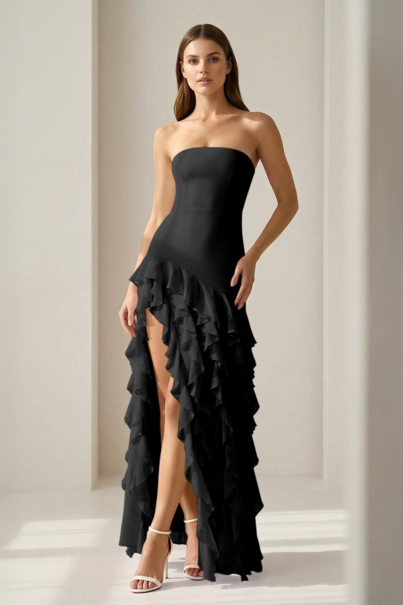 Pink Sheath Strapless Chiffon Long Wedding Guest Dress With Ruffles - Curvevia