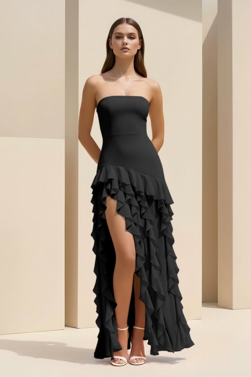 Pink Sheath Strapless Chiffon Long Wedding Guest Dress With Ruffles - Curvevia
