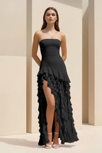 Pink Sheath Strapless Chiffon Long Wedding Guest Dress With Ruffles - Curvevia