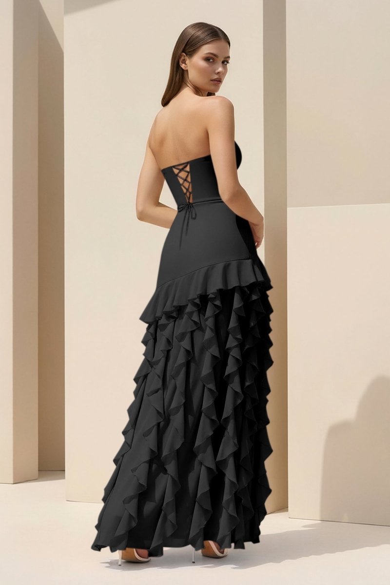 Pink Sheath Strapless Chiffon Long Wedding Guest Dress With Ruffles - Curvevia
