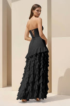 Pink Sheath Strapless Chiffon Long Wedding Guest Dress With Ruffles - Curvevia