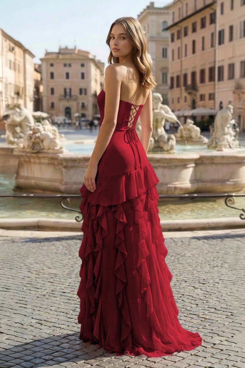 Pink Sheath Strapless Chiffon Long Wedding Guest Dress With Ruffles - Curvevia