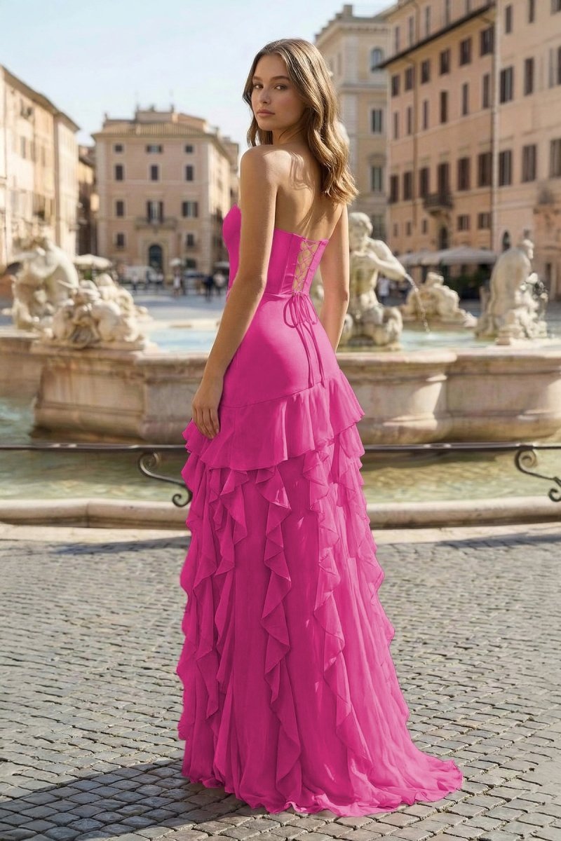 Pink Sheath Strapless Chiffon Long Wedding Guest Dress With Ruffles - Curvevia