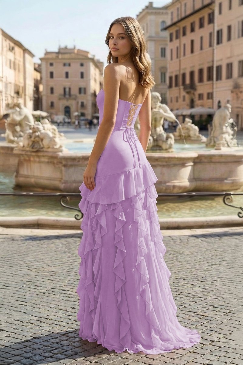 Pink Sheath Strapless Chiffon Long Wedding Guest Dress With Ruffles - Curvevia