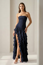 Pink Sheath Strapless Chiffon Long Wedding Guest Dress With Ruffles - Curvevia