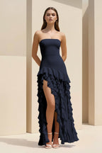 Pink Sheath Strapless Chiffon Long Wedding Guest Dress With Ruffles - Curvevia