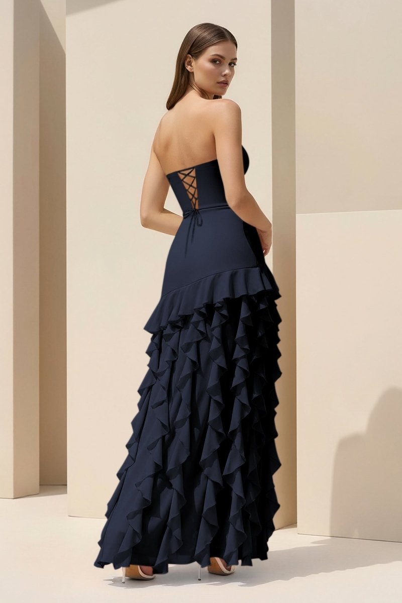 Pink Sheath Strapless Chiffon Long Wedding Guest Dress With Ruffles - Curvevia