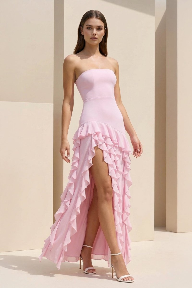 Pink Sheath Strapless Chiffon Long Wedding Guest Dress With Ruffles - Curvevia