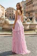Pink Sheath Strapless Chiffon Long Wedding Guest Dress With Ruffles - Curvevia
