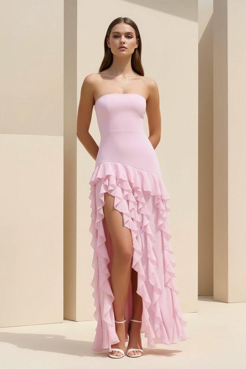Pink Sheath Strapless Chiffon Long Wedding Guest Dress With Ruffles - Curvevia