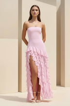 Pink Sheath Strapless Chiffon Long Wedding Guest Dress With Ruffles - Curvevia