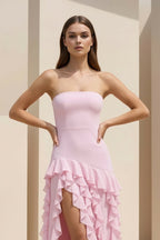 Pink Sheath Strapless Chiffon Long Wedding Guest Dress With Ruffles - Curvevia