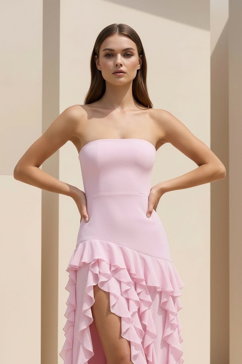 Pink Sheath Strapless Chiffon Long Wedding Guest Dress With Ruffles - Curvevia