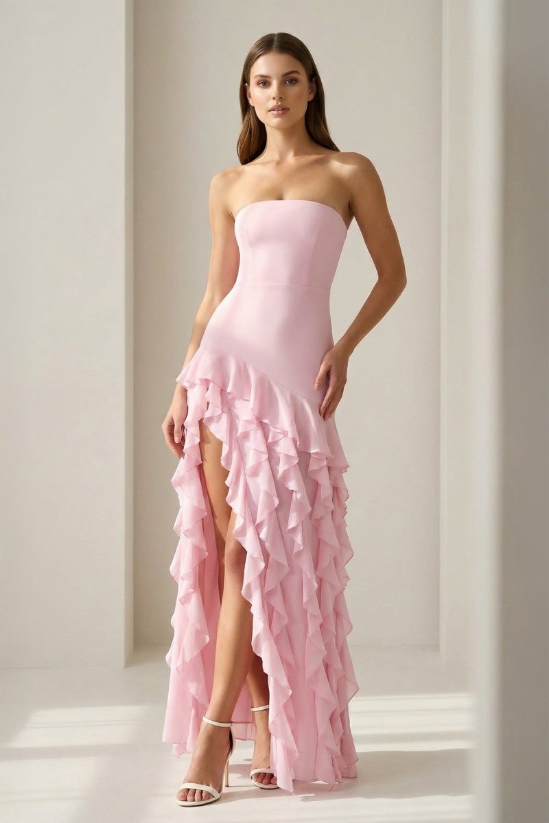 Pink Sheath Strapless Chiffon Long Wedding Guest Dress With Ruffles - Curvevia