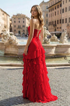 Pink Sheath Strapless Chiffon Long Wedding Guest Dress With Ruffles - Curvevia