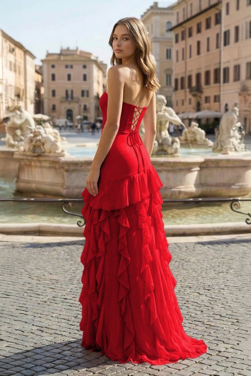 Pink Sheath Strapless Chiffon Long Wedding Guest Dress With Ruffles - Curvevia