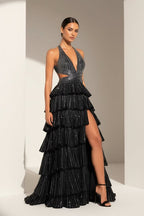 Royal Blue A-Line Halter Satin Beaded Long Wedding Guest Dress With Ruffles - Curvevia