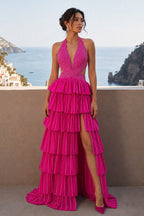 Royal Blue A-Line Halter Satin Beaded Long Wedding Guest Dress With Ruffles - Curvevia