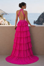 Royal Blue A-Line Halter Satin Beaded Long Wedding Guest Dress With Ruffles - Curvevia