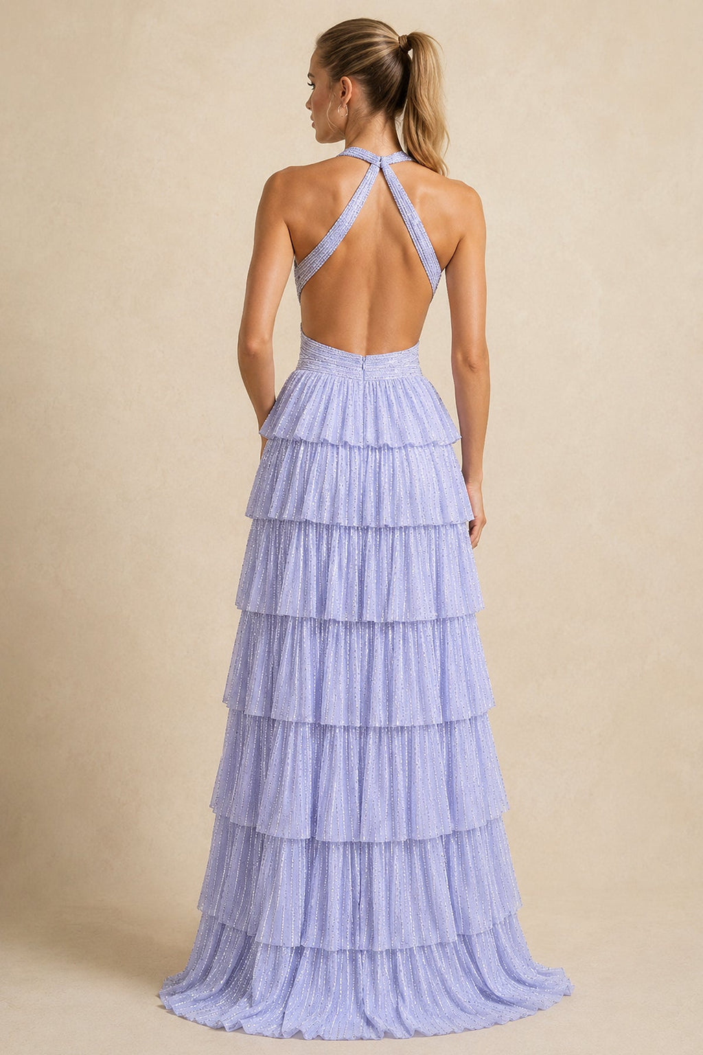 Royal Blue A-Line Halter Satin Beaded Long Wedding Guest Dress With Ruffles - Curvevia