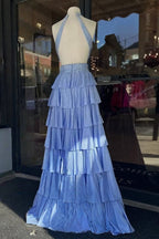 Sky Blue A-Line Halter Satin Beaded Long Wedding Guest Dress With Ruffles - Curvevia