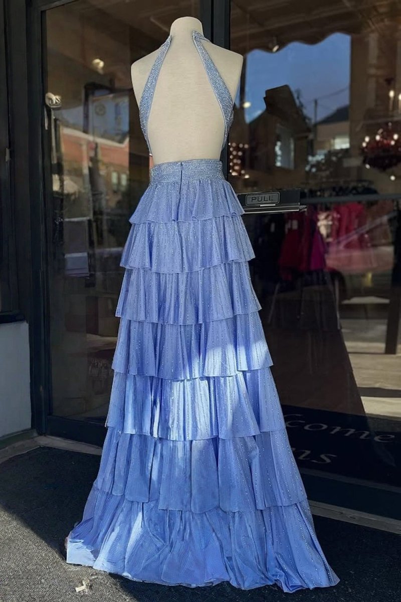 Sky Blue A-Line Halter Satin Beaded Long Wedding Guest Dress With Ruffles - Curvevia