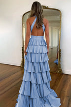 Sky Blue A-Line Halter Satin Beaded Long Wedding Guest Dress With Ruffles - Curvevia