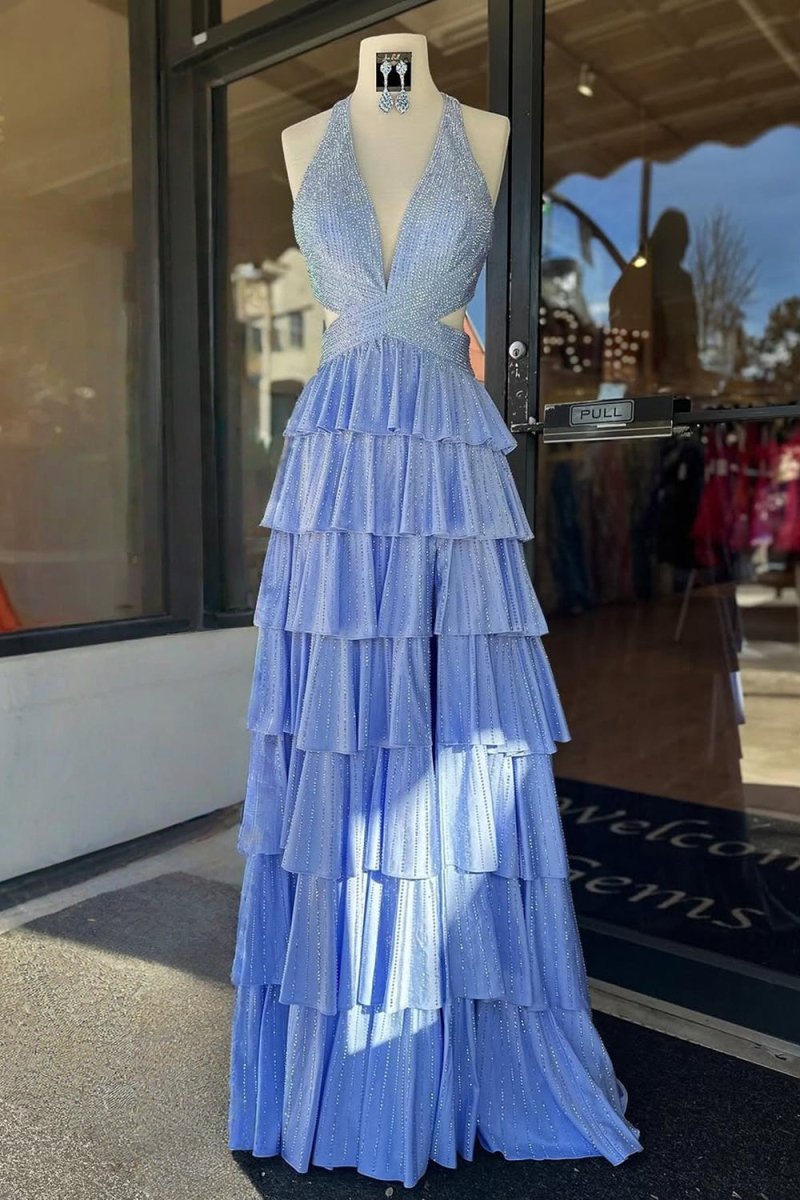 Sky Blue A-Line Halter Satin Beaded Long Wedding Guest Dress With Ruffles - Curvevia