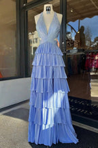 Sky Blue A-Line Halter Satin Beaded Long Wedding Guest Dress With Ruffles - Curvevia