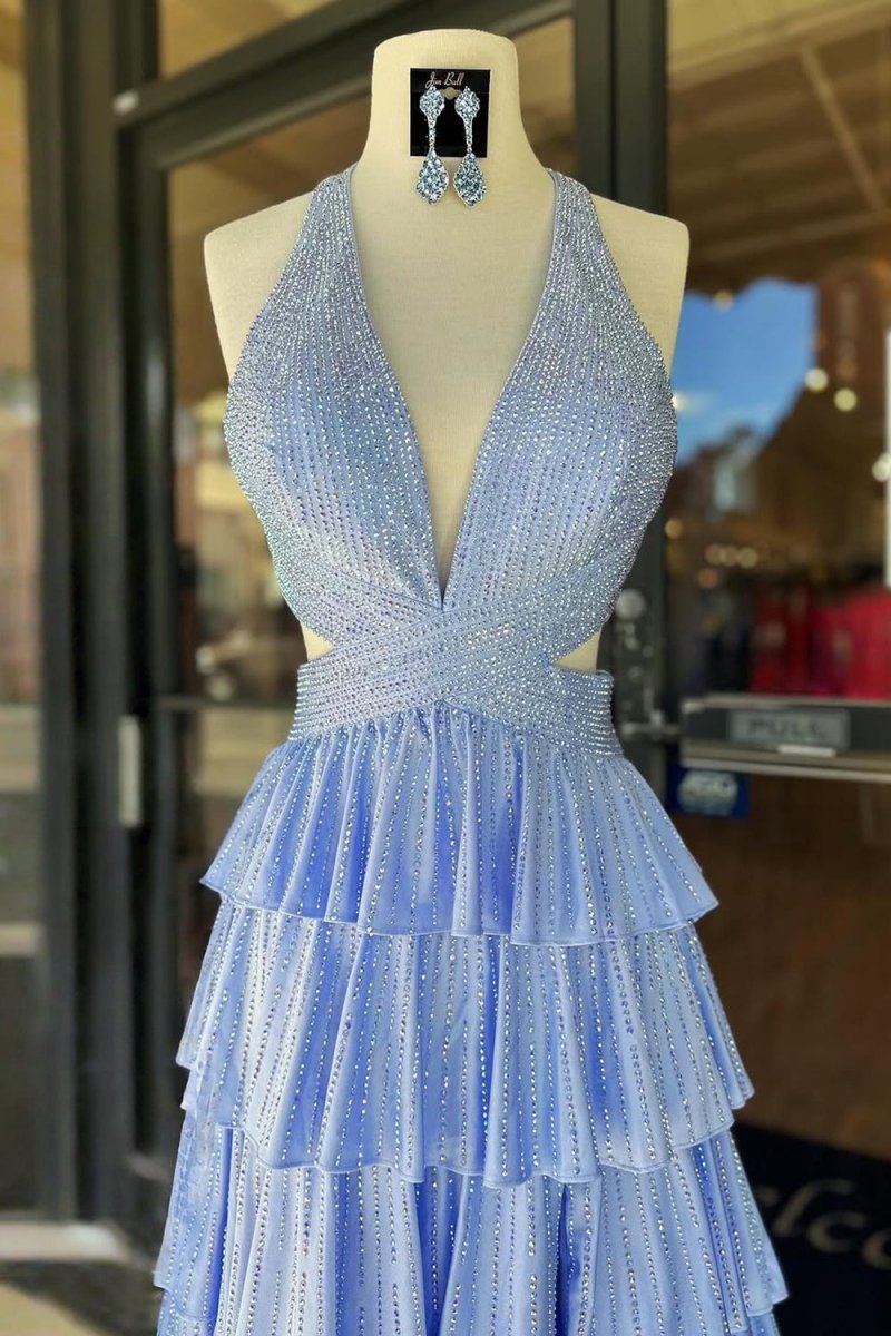 Sky Blue A-Line Halter Satin Beaded Long Wedding Guest Dress With Ruffles - Curvevia