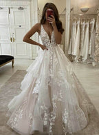 Elegant A-Line V Neck Wedding Dresses with Appliques - Curvevia