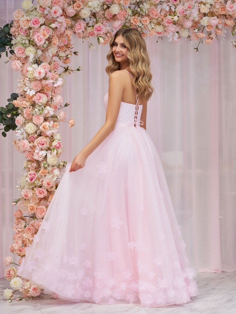 A-line Spaghetti Straps Pink Tulle Evening Dress - Curvevia