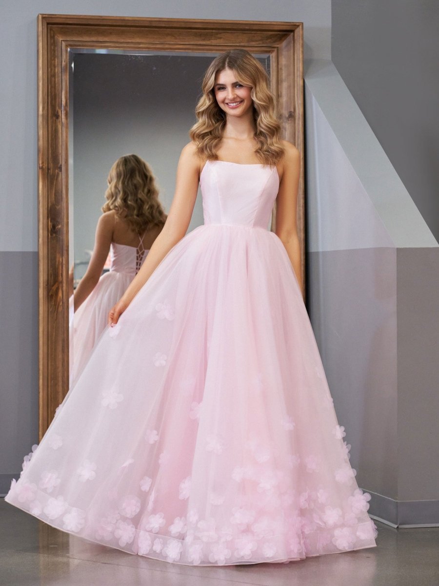 A-line Spaghetti Straps Pink Tulle Evening Dress - Curvevia
