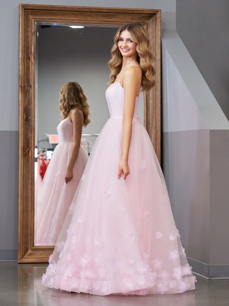 A-line Spaghetti Straps Pink Tulle Evening Dress - Curvevia