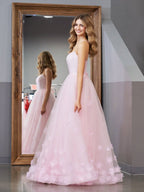A-line Spaghetti Straps Pink Tulle Evening Dress - Curvevia