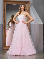 A-line Spaghetti Straps Pink Tulle Evening Dress - Curvevia