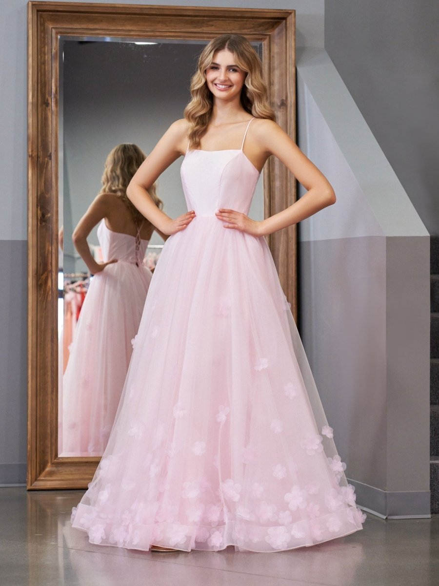 A-line Spaghetti Straps Pink Tulle Evening Dress - Curvevia